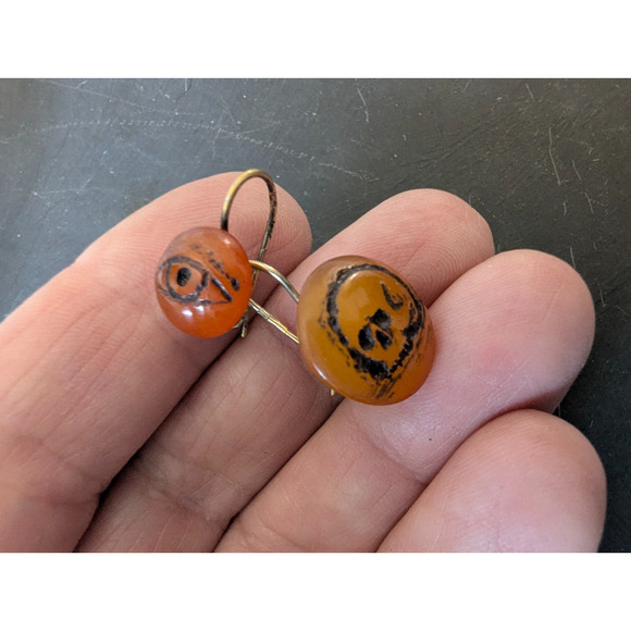 MEMENTO MORI Hand Carved Pair Amber Button Earrings OOAK - Picture 6 of 6
